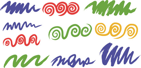 Colorful brushstroke swirls and waves artistic design elements on transparent background