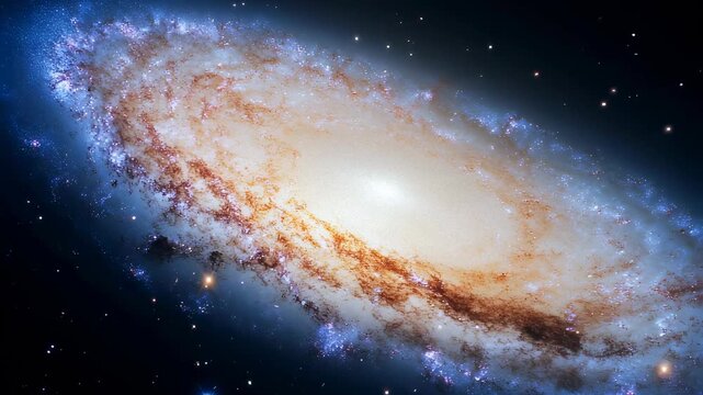 Majestic spiral galaxy with bright core and star-forming regions. Deep space astronomy and cosmic exploration concept footage.