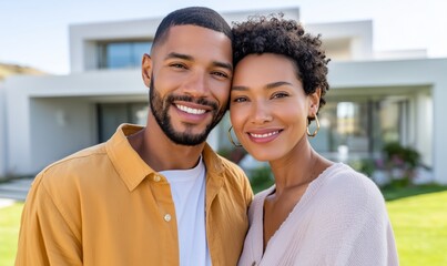 Happy couple standing close together in front of modern white house on a sunny day with green lawn and blue sky, concept of real estate ownership, home investment, love and new beginnings
