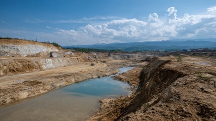 Obraz premium Vast open pit mining site showcases exposed earth and machinery, with body of polluted water reflecting sky. landscape is marked by rugged terrain and distant mountains, evoking sense