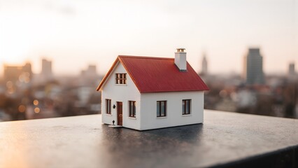 Miniature house model on a rooftop with blurred city skyline during sunset light