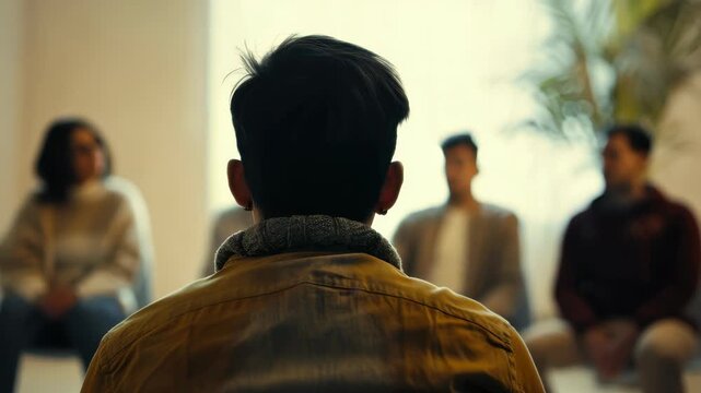 A man in a yellow jacket is sitting in a circle with four other people. The man in the yellow jacket is looking at the camera