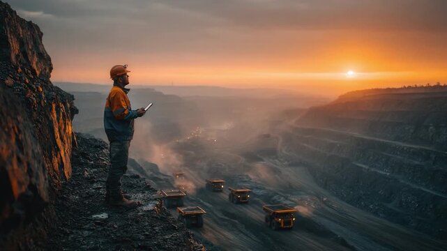 Worker in mining site checking data on tablet during sunset, showcasing industrial activity and environmental landscape in a quarry setting