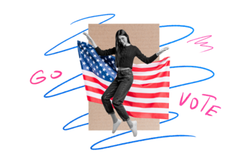 Composite photo collage of happy girl stand tiptoe american flag election citizen poster demonstration isolated on painted background