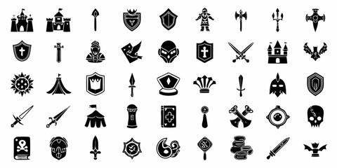 Collection of fantasy game icons featuring castles shields swords helmets and other warrior symbols