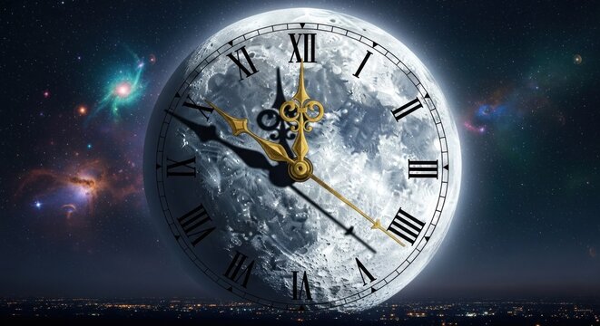 A celestial clock featuring the moon face with Roman numerals and gold hands, set against a vibrant cosmic backdrop