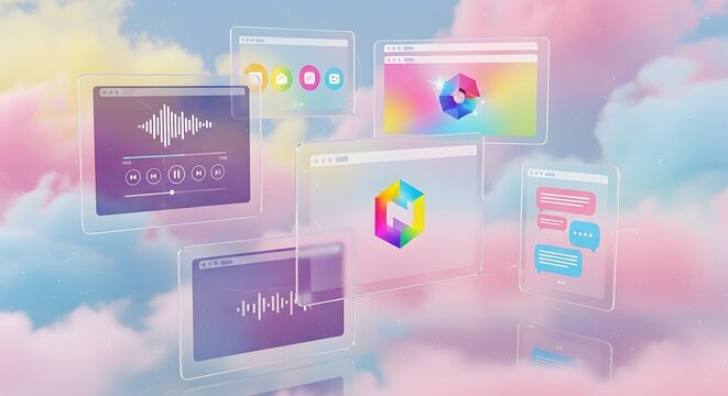 Digital interface windows floating in a pastel sky, showcasing various applications and designs. - Powered by Adobe