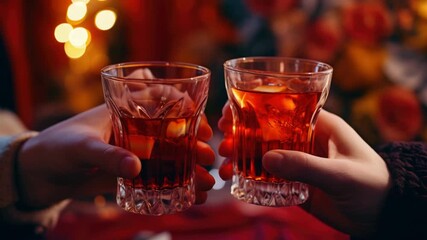 Two people clinking glasses of red liquor, possibly whiskey or another alcoholic drink, celebrating an occasion together.