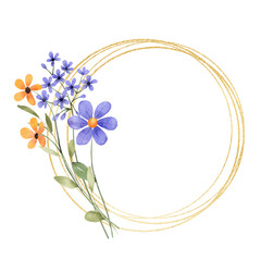 Flowers gold frame wreath. Watercolor hand painting floral border with place for text with bouquet.. Isolated on white background.
