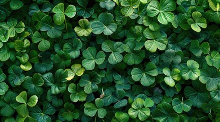 A dense, lush carpet of vibrant green clover leaves fills the frame, creating a textured, natural backdrop.  The leaves vary slightly in shade, adding depth