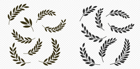 Collection of olive branch wreath illustrations in black and green, arranged in various curved and circular shapes.