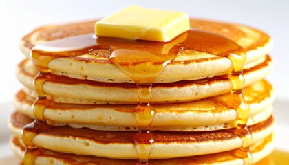 A ultra hyper-realistic, macro shot of a stack of fluffy pancakes with melting butter and syrup.