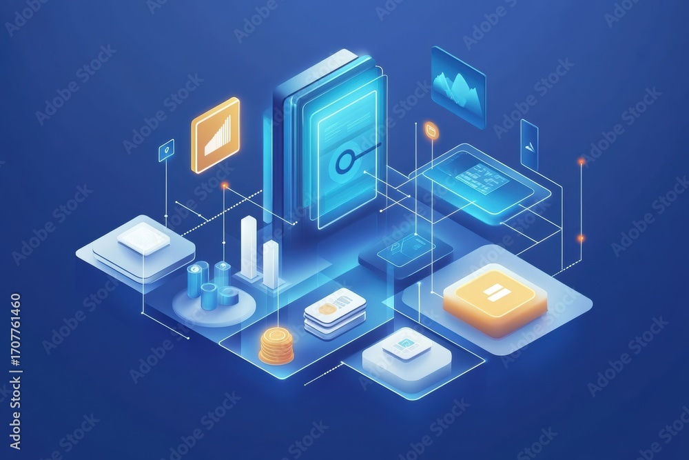 Poster isometric illustrations showcasing app and website design concepts with dynamic elements