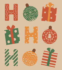 Christmas holiday decoration greeting card. Vintage colors, vector illustrations of balls, gifts and letters in flat style, hohoho text poster.