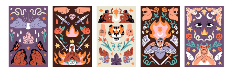 Designs of boho cards of woman power. Bohemian templates of posters of feminism. Mystic character, magic fire and flower on layouts. Tarot back with brave girls, feminists. Flat vector illustrations