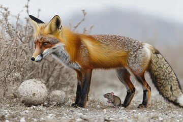 Obraz premium Fox hunts for mouse in a vast field on an overcast day