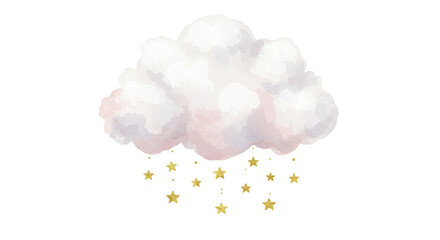 Watercolor cloud with golden stars falling in a dreamy style  