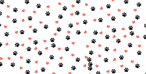 Seamless cute paw toe and heart pattern background for fabric print. Seamless pattern vector with hearts and dog footprint. Dog Paw vector heart valentine footprint.