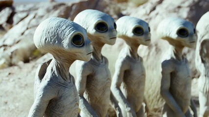 Several alien creatures standing in a barren desert landscape, looking around, concept of extraterrestrial life and space exploration footage.