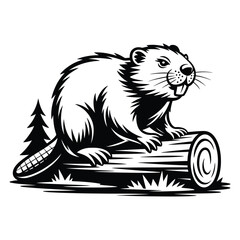 Beaver sitting on a log with a tree in the background