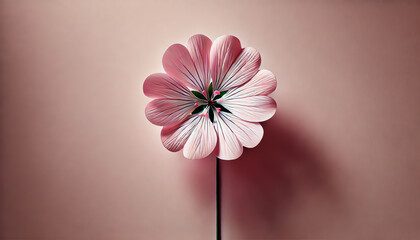 A delicate pink flower with a long, slender green stem, arranged in a minimalistic and aesthetically pleasing style