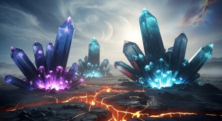 Alien landscape with vibrant glowing crystals, cracked earth, and multiple moons in a cloudy sky