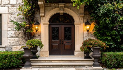 Fototapeta premium Elegant stone entranceway with ornate wooden doors