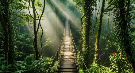 A sun-drenched suspension bridge traverses a lush, vibrant rainforest.