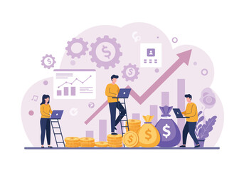 Modern Business Team Planning Financial Growth Strategy – Flat Style Vector Illustration with Charts, Graphs, Money Bag, Coins, Laptop, Arrow, Office Elements – Editable Design for Presentation.