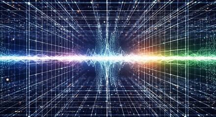A dynamic, colorful representation of a data network, showing an energetic wave pattern moving through a complex grid structure.