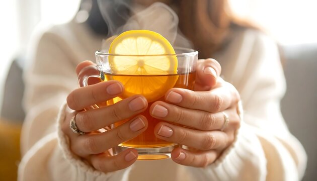 Hands warming up with a steaming hot drink in winter season, Cozy and aromatic cup of tea with lemon brings comfort and relaxation - Powered by Adobe