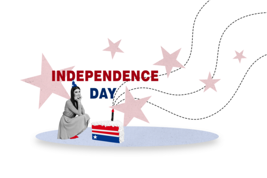 Creative banner poster collage of attractive girl celebrate 4th july with festive cake on white background