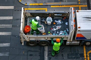 High-angle view of two sanitation workers in bright green vests and hard hats loading trash into the back of a garbage truck at a city street intersection
