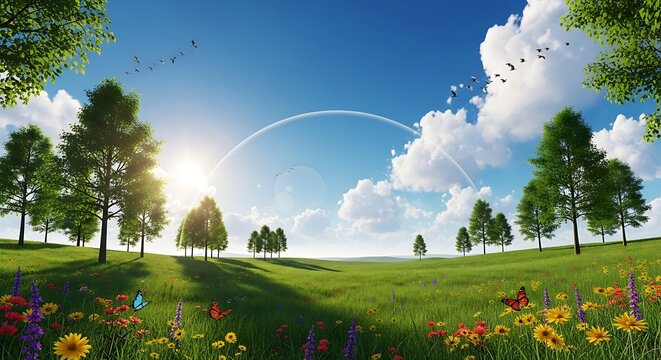 A picturesque meadow with vibrant flowers, lush trees, and a beautiful sky filled with fluffy clouds and a bright sun.