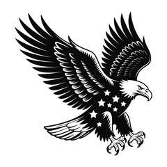 Majestic bald eagle with american flag stars in flight