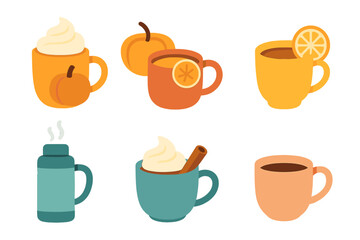 Obraz premium Autumn drinks flat icon set. featuring pumpkin spice, hot cider, tea with lemon, thermos, and cinnamon latte symbols