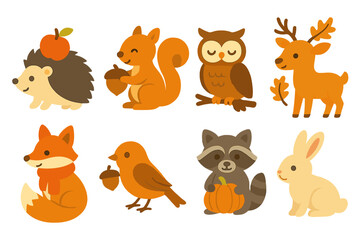 Naklejka premium Forest animals flat icon set. featuring hedgehog, squirrel, owl, deer, fox, bird, raccoon, rabbit