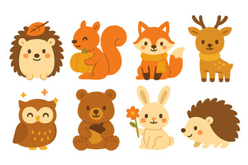 Animal flat icon set. featuring hedgehog, squirrel, fox, deer, owl, bear, rabbit symbols