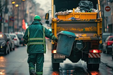 A sanitation worker in green uniform walks away from the camera, carrying a large blue recycling bin towards a yellow garbage truck on a wet city street