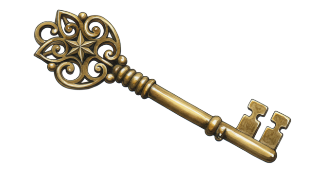 Ornate vintage key with decorative elements in bronze color  