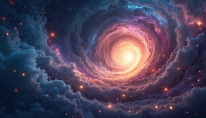 Vibrant cosmic nebula with swirling clouds of pink, orange, blue hues. Bright, glowing center draws eye into swirling vortex of stars, cosmic dust. Stunning space illustration evokes wonder,