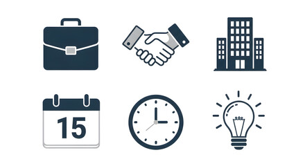 Business and Work Icons Briefcase, Handshake, Clock, Building, and Calendar