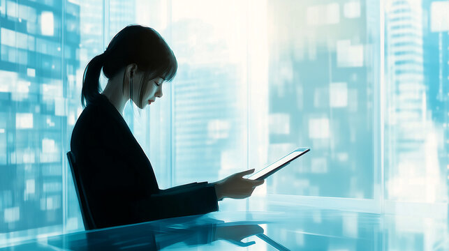 Modern financial analyst reviews reports while seated at a glass desk in a high-rise office during the day