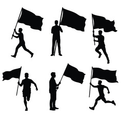 Collection of six black-and-white silhouettes of individuals holding flags, depicting different dynamic actions including standing, running, and waving in various postures, evoking concepts of freedom