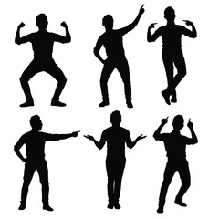 Collection of six unique male figure silhouettes in various expressive poses, showcasing dynamic movement and personality in a creative artistic style on a clean white background.