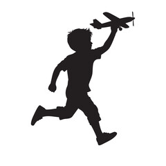 Artistic silhouette of a child running joyfully while holding a toy airplane, symbolizing youth, creativity, and dreams. Themes of imagination, freedom, and the joys of childhood play