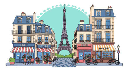 Flat vector cityscape illustration of Paris, Eiffel Tower, street cafés, flower shops, bakery, classic French apartments, bicycles