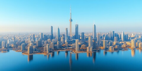 Vibrant cityscape at sunrise reflecting in blue water, featuring the iconic CN Tower prominently.
