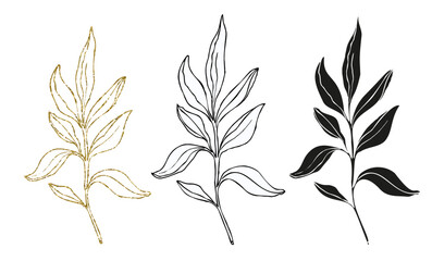 Fototapeta premium Palm leaves line art, silhouette and glitter simple hand drawn vector illustration set, isolate on white background