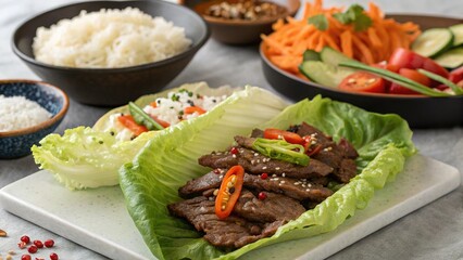 Flavorful bulgogi lettuce wraps served with fresh vegetables and rice create an inviting and delicious dining experience for all